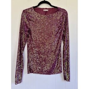 Free People Intimately Gold Rush Sequin Long Sleeve Burgundy Iridescent Wine S